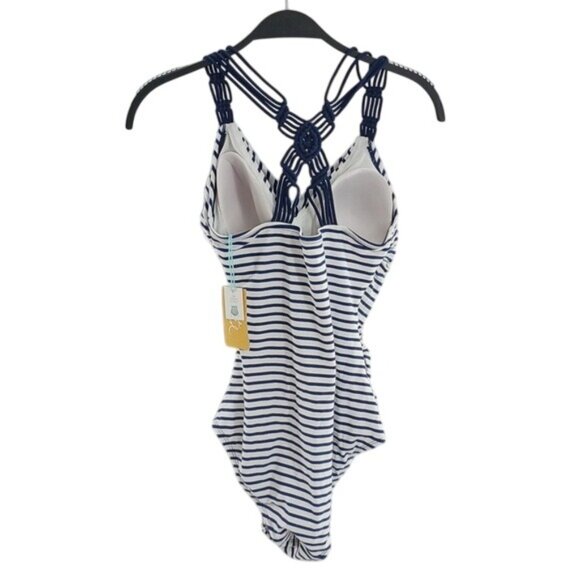 Kona Sol Swimsuit Blue White Striped One Piece Criss-Cross Back Womens Size S - Picture 6 of 12